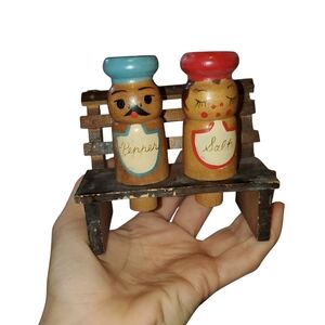 Vintage Wooden Salt And Pepper Shakers With Bench